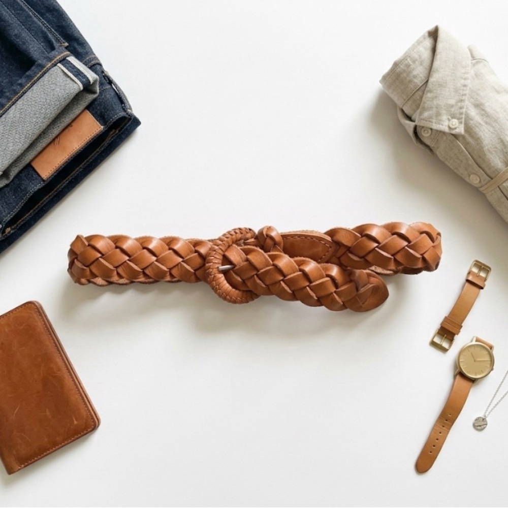 Braided Leather Belt Cognac Brown Woven Waist Belt • designer’s adjustable belt
